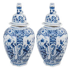 A Pair of Blue and White Dutch Delft Covered Vases