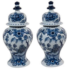 A Pair of Small Dutch Delft  Blue and White Covered Vases