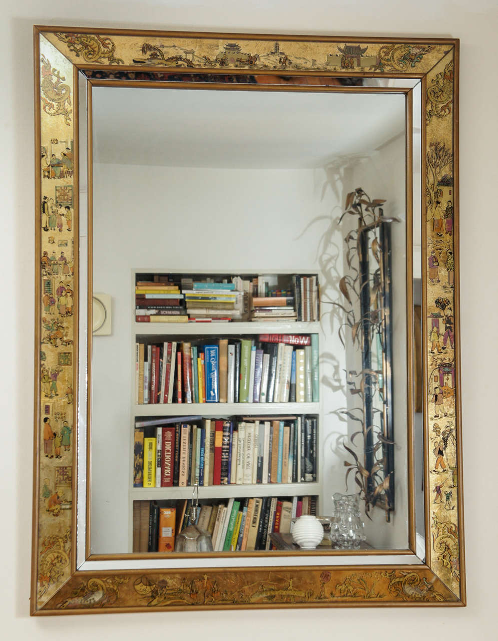 This large mirror is bordered by a beveled panel of painted chinese figures.
Dragons, Happy Families, Laborers and Domestic scenes.