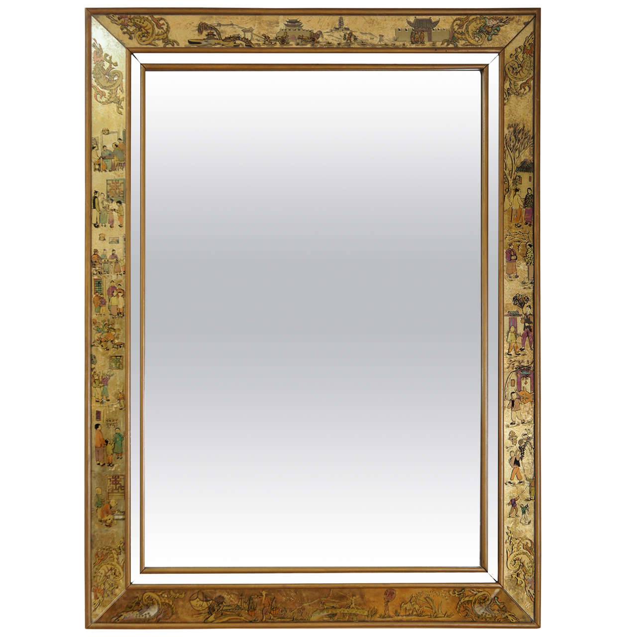 Chinese Inspired Eglomise Bordered Mirror in the Manner of Da Barge