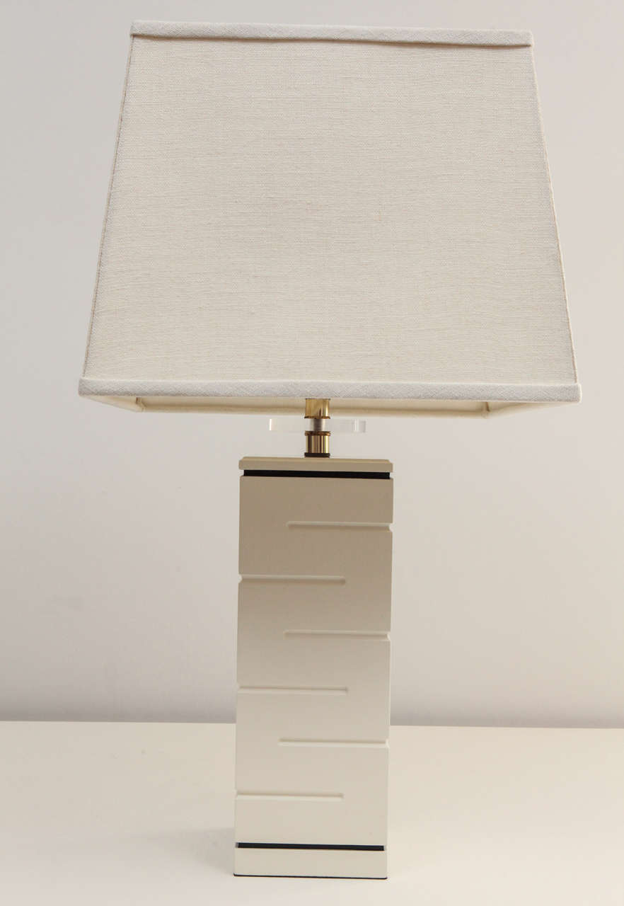 Vintage cream lacquered table lamp with black trim by Edith Norton, c. 1950.