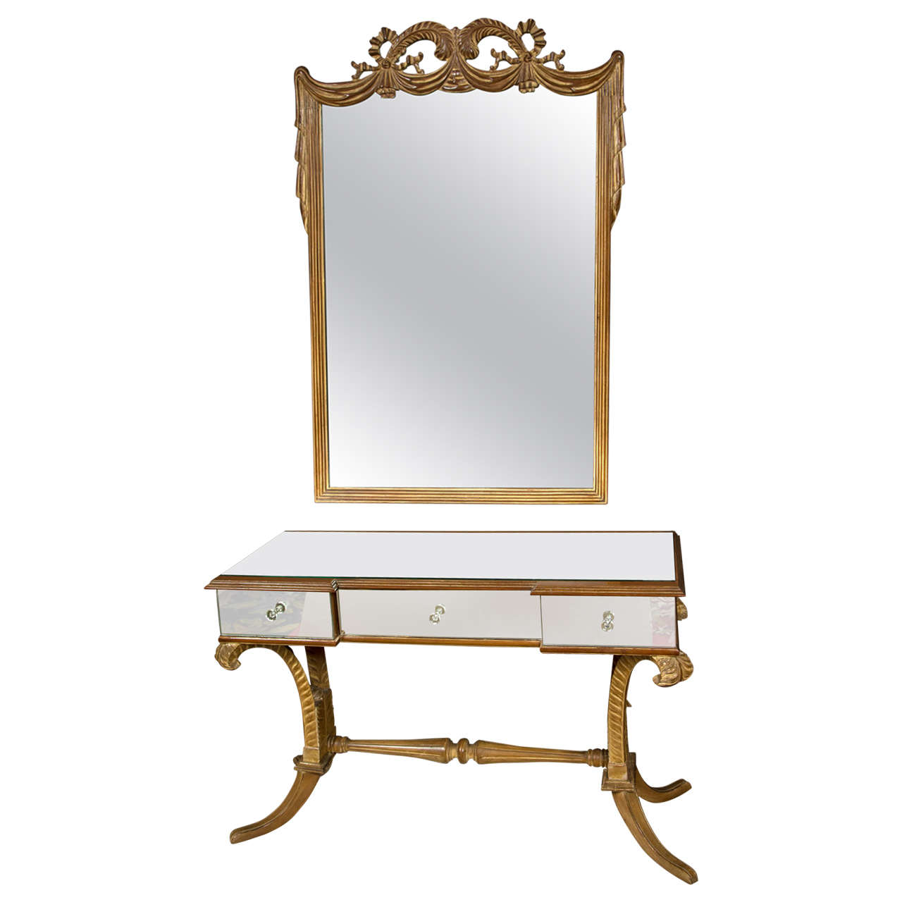 Grosfeld House Art Deco Fleur de Plume Matching Mirrored Vanity Mirror Bench