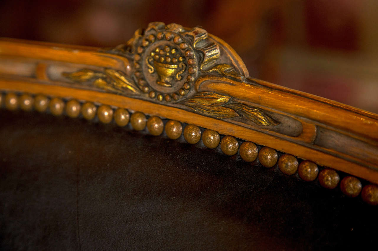 Pair of Louis XVI Style Worn Leather Bergere Chairs attributed to  Jansen 1