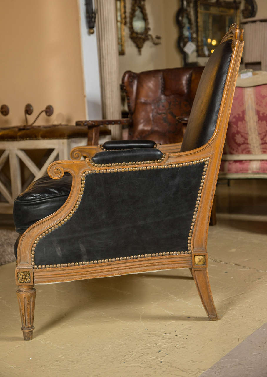 Pair of Louis XVI Style Worn Leather Bergere Chairs attributed to  Jansen 2