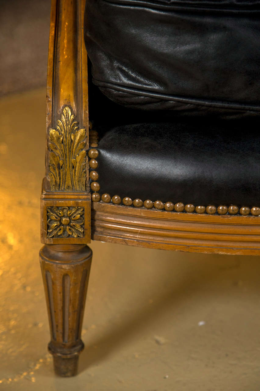 Pair of Louis XVI Style Worn Leather Bergere Chairs attributed to  Jansen 5