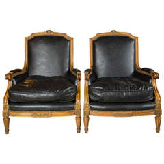 Pair of Louis XVI Style Worn Leather Bergere Chairs attributed to  Jansen