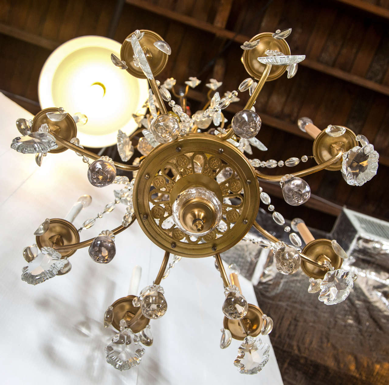 A Finely Cast Bronze and Crystal Eight Arm Chandelier  In Good Condition For Sale In Stamford, CT