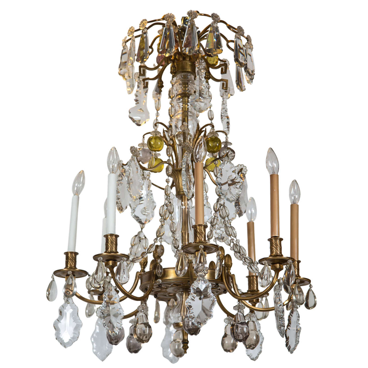 A Finely Cast Bronze and Crystal Eight Arm Chandelier  For Sale