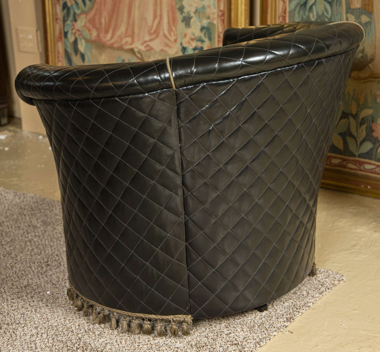 A Group of Four Coco Chanel Styled Barrel Back Leather Chairs In Good Condition In Manhasset, NY