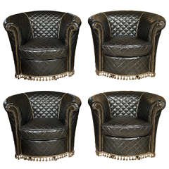 Vintage A Group of Four Coco Chanel Styled Barrel Back Leather Chairs