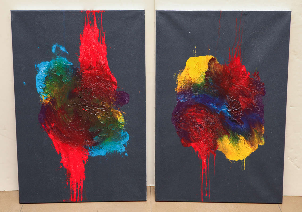 Pair of colorful 1960's abstract oil paintings on canvas.