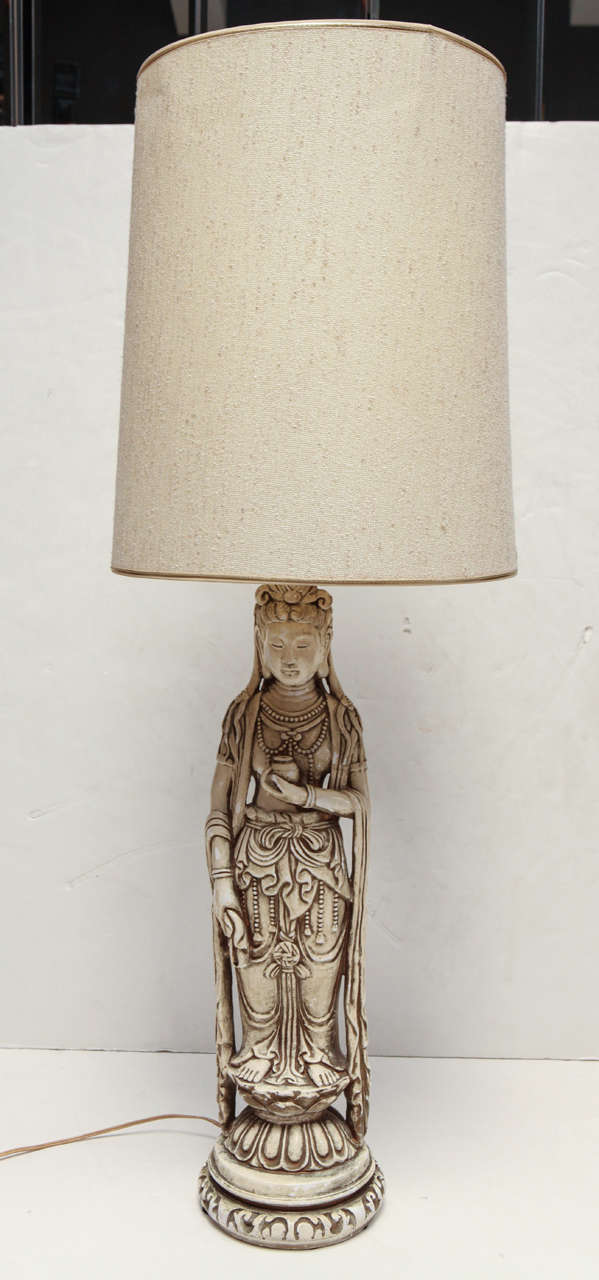 Whimsical Quan Yin ceramic ivory table lamp with gold detailing throughout.  Original open weave boucle linen ivory lamp shade.  Height of lamp noted is from base to top of lamp shade.