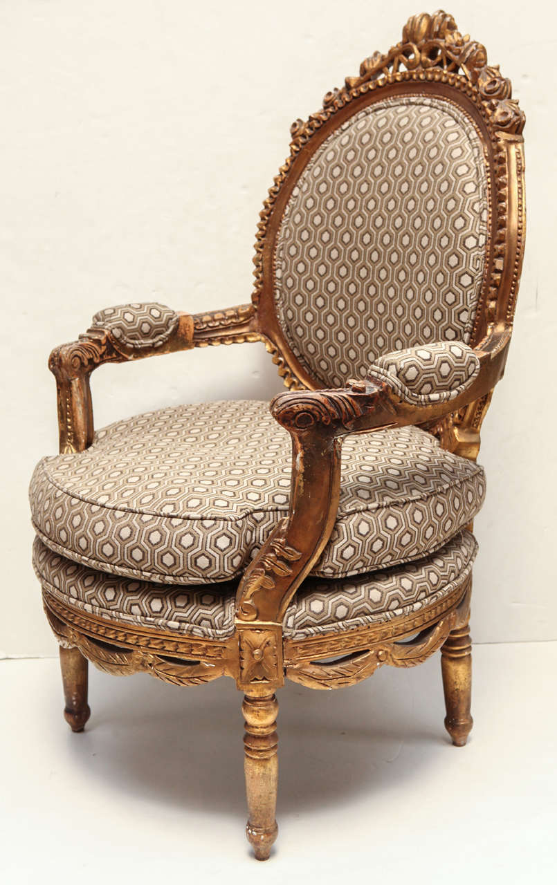 Wood Gold Gilt Louis XVI Roundback Armchair For Sale