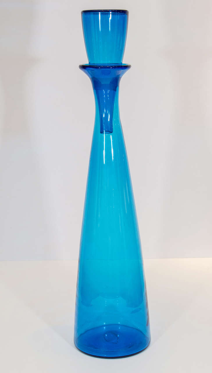 Impressive large-scale decanter in a bold, brilliant blue. Designed by Wayne Husted for Blenko. Other colors available. Please contact for location.