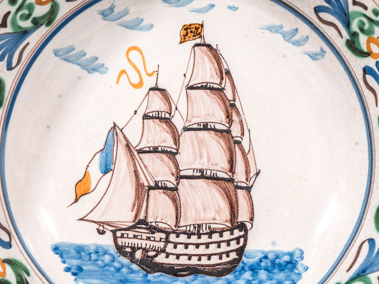 Romantic Antique French Faience Bowl with a Sailing Ship Made circa 1860