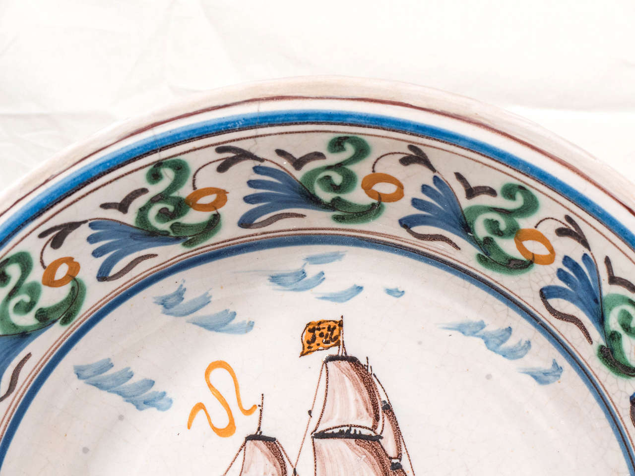 19th Century Antique French Faience Bowl with a Sailing Ship Made circa 1860