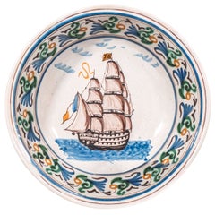 Antique French Faience Bowl with a Sailing Ship Made circa 1860
