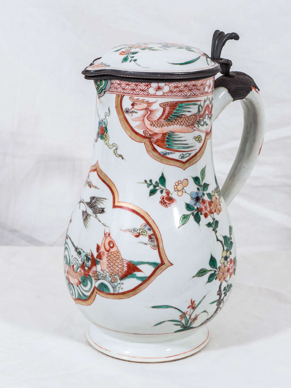Chinese Export Chinese Famille Verte Water Pitcher with Period Silver Mount
