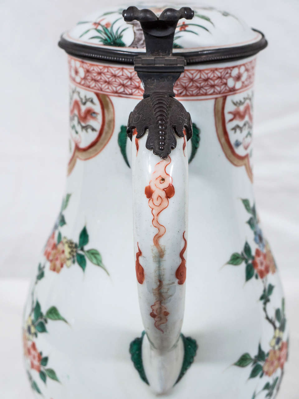 Porcelain Chinese Famille Verte Water Pitcher with Period Silver Mount