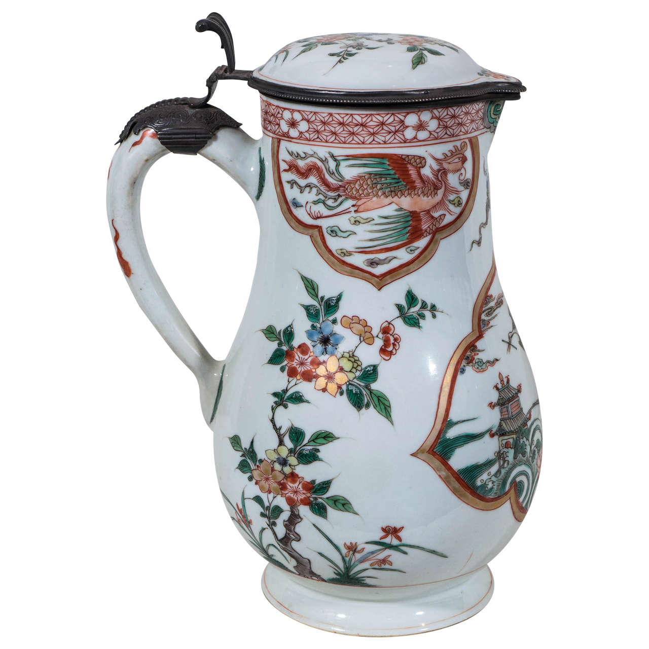 Chinese Famille Verte Water Pitcher with Period Silver Mount