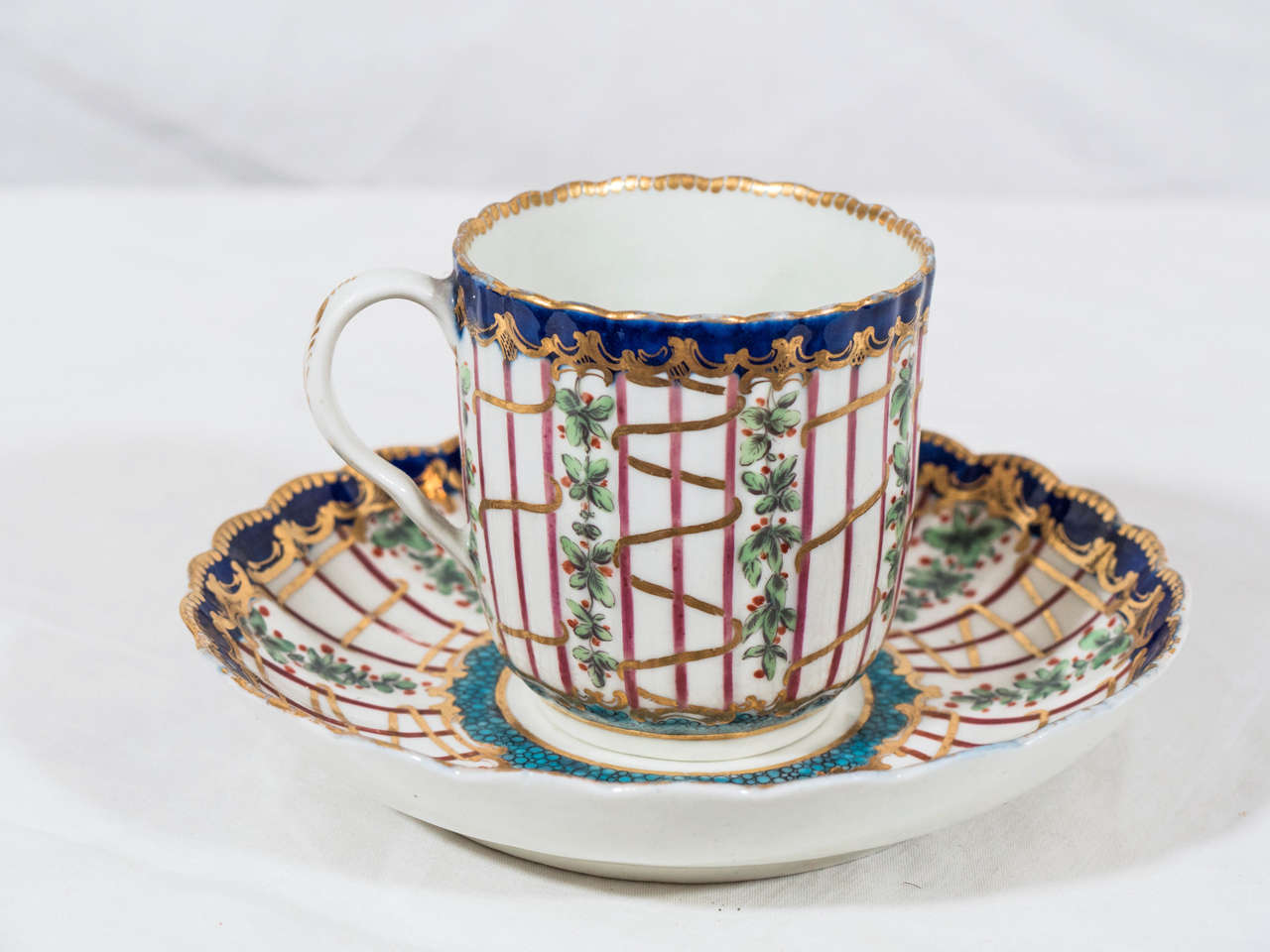 First Period Worcester Porcelain Hop Trellis Cup and Saucer