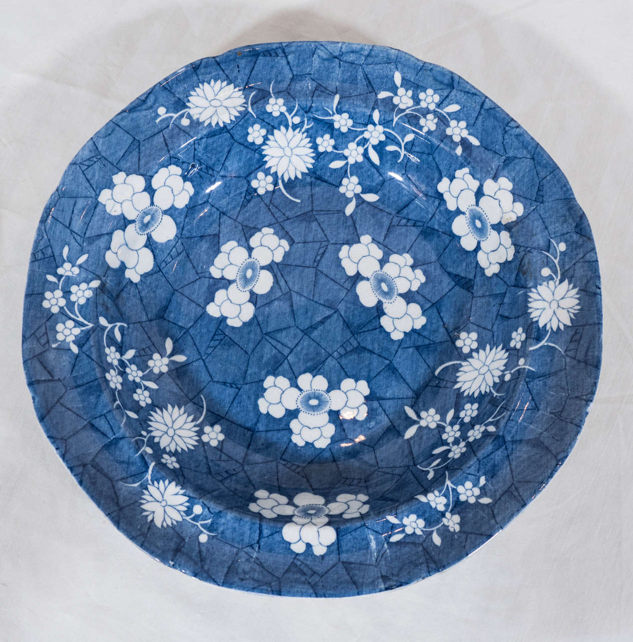 English Six Blue and White Deep Dishes Decorated with Hawthorne Blossoms