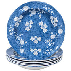 Antique Six Blue and White Deep Dishes Decorated with Hawthorne Blossoms