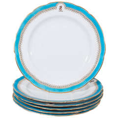 A Set of Six Dinner Dishes with Turquoise Border and the Crest of Robertson