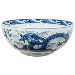 Antique A Massive Blue and White Chinese Porcelain Dragon Bowl