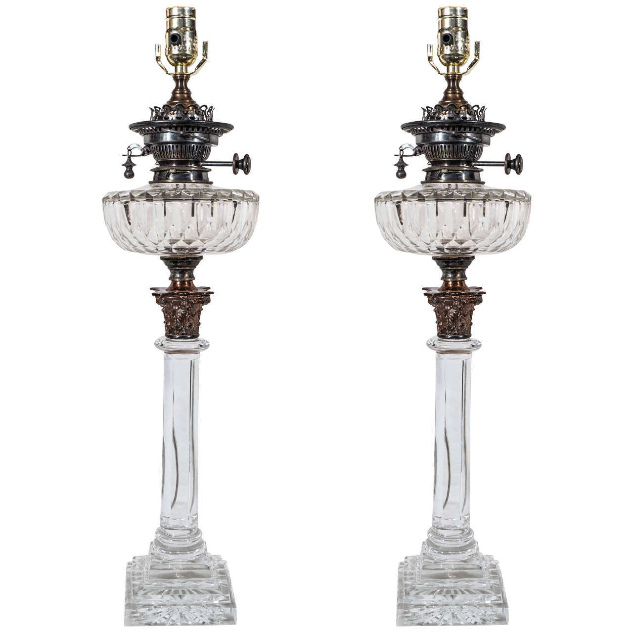 Pair of English CutGlass Crystal Oil Lamps For Sale at 1stdibs