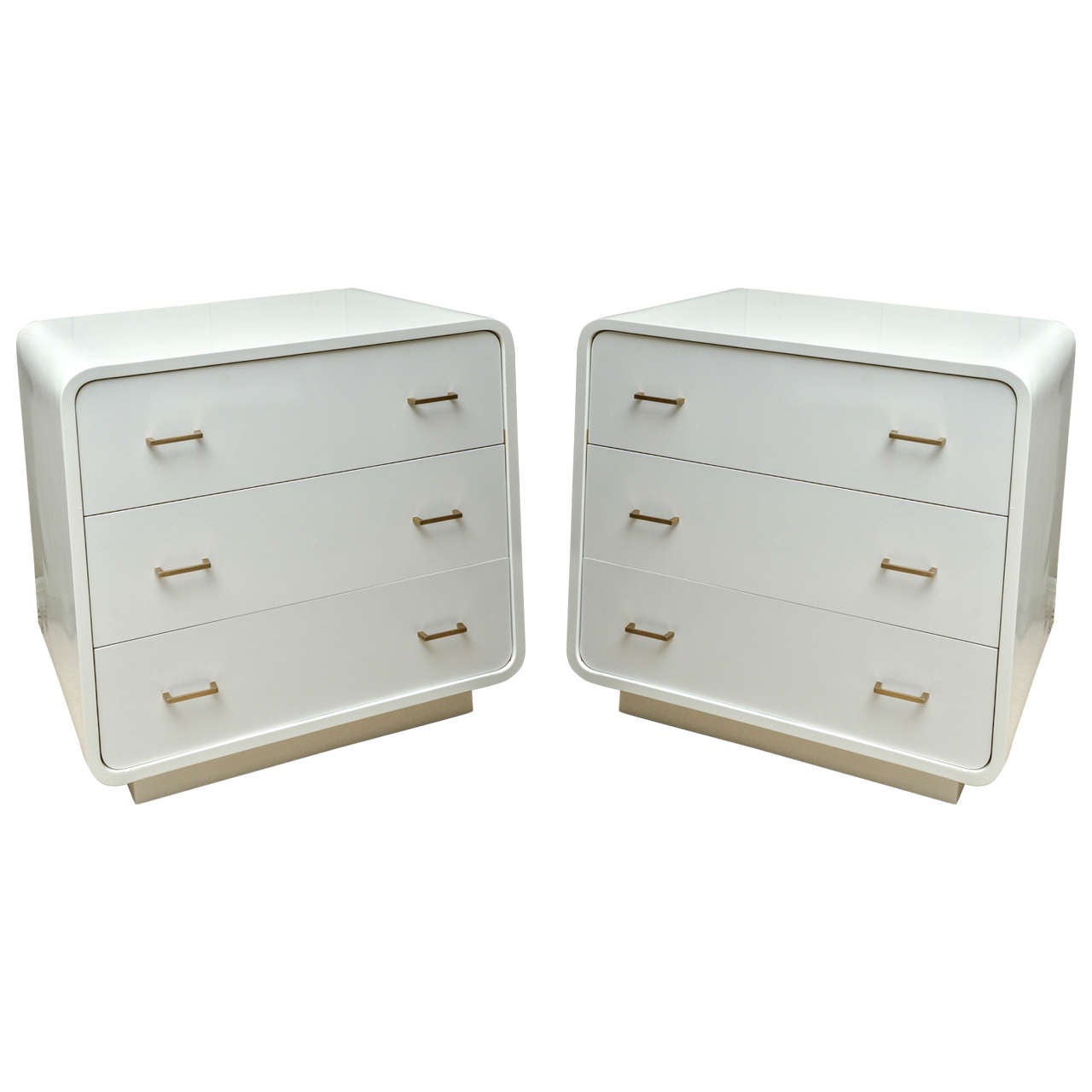 Pair of Mid-Century White Lacquer Three-Drawer Bedside Commodes