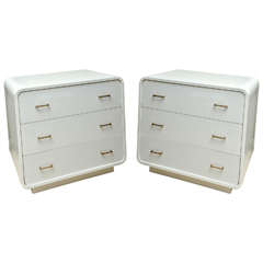Pair of Mid-Century White Lacquer Three-Drawer Bedside Commodes