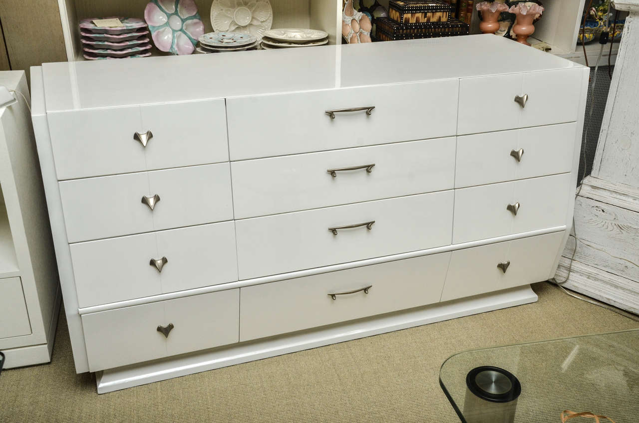Unusual Mid-Century white lacquer 12-drawer dresser by United Furniture Corp.