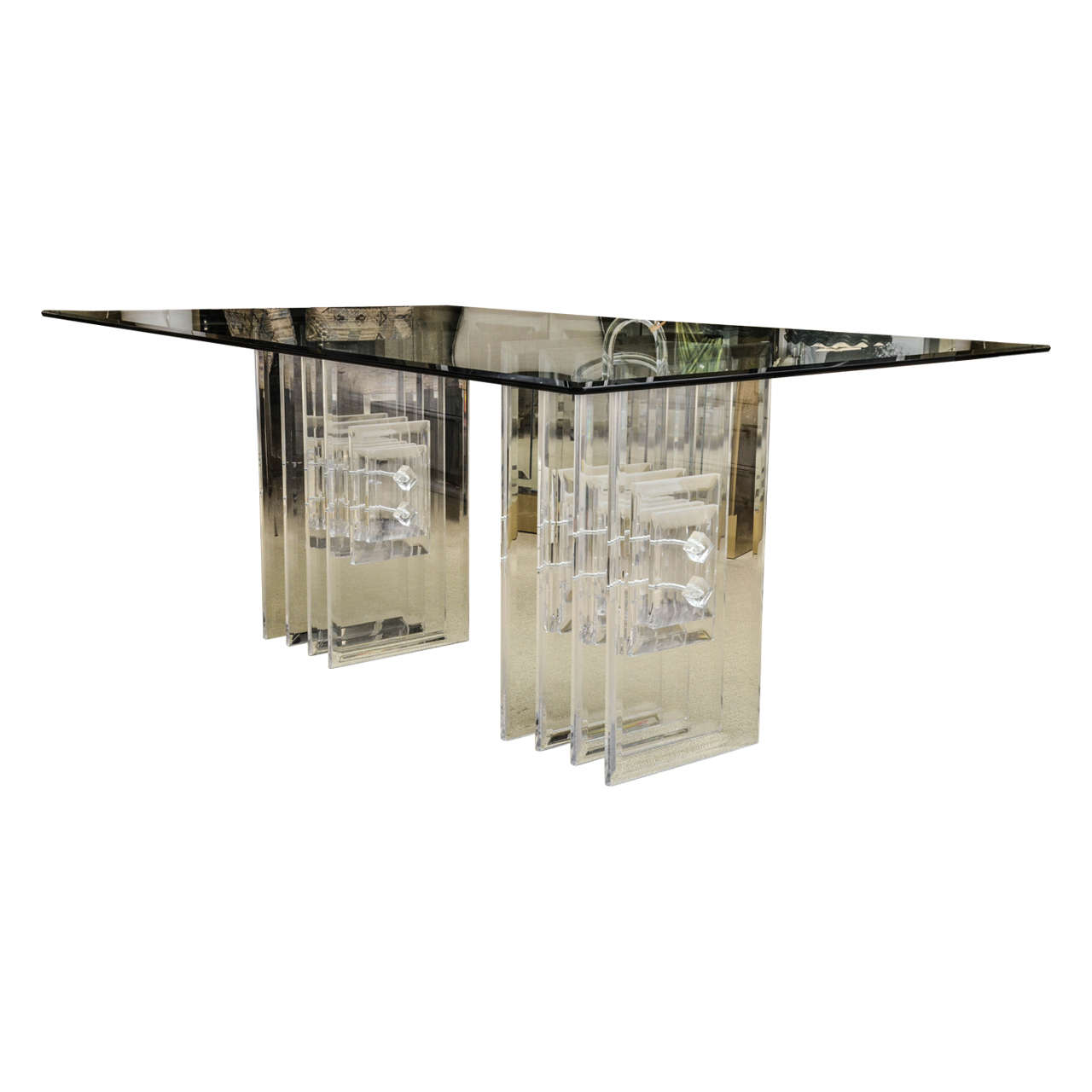 Mid-Century Glass Top Dining Table with Lucite Pedestal Base