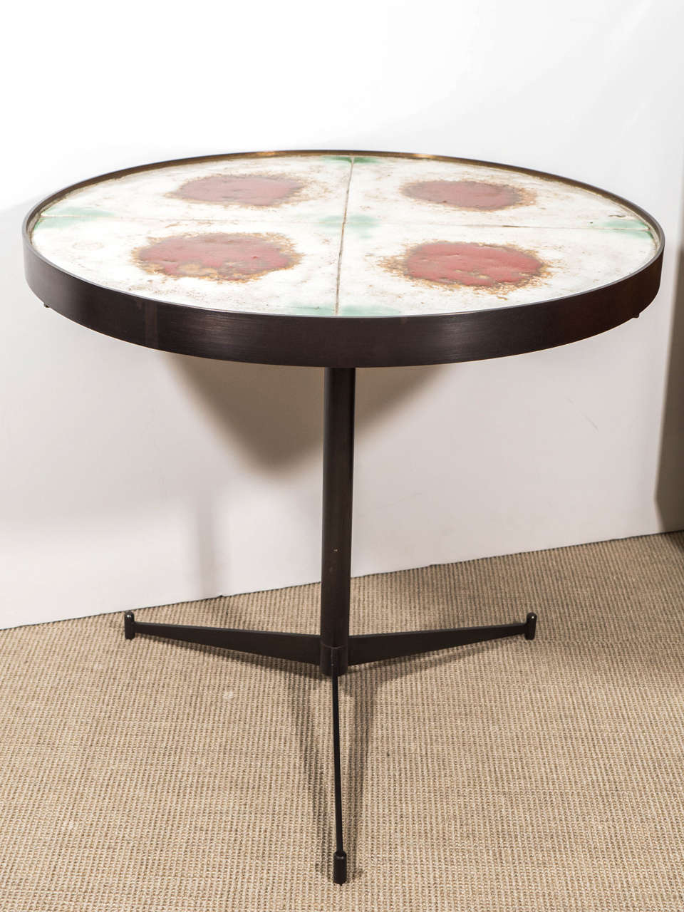 Mid-Century Ceramic Tile-Top Table with Bronze Tripod Base, Signed, circa 1950
