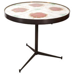 Mid-Century Ceramic Tile-Top Table with Bronze Tripod Base, Signed, circa 1950