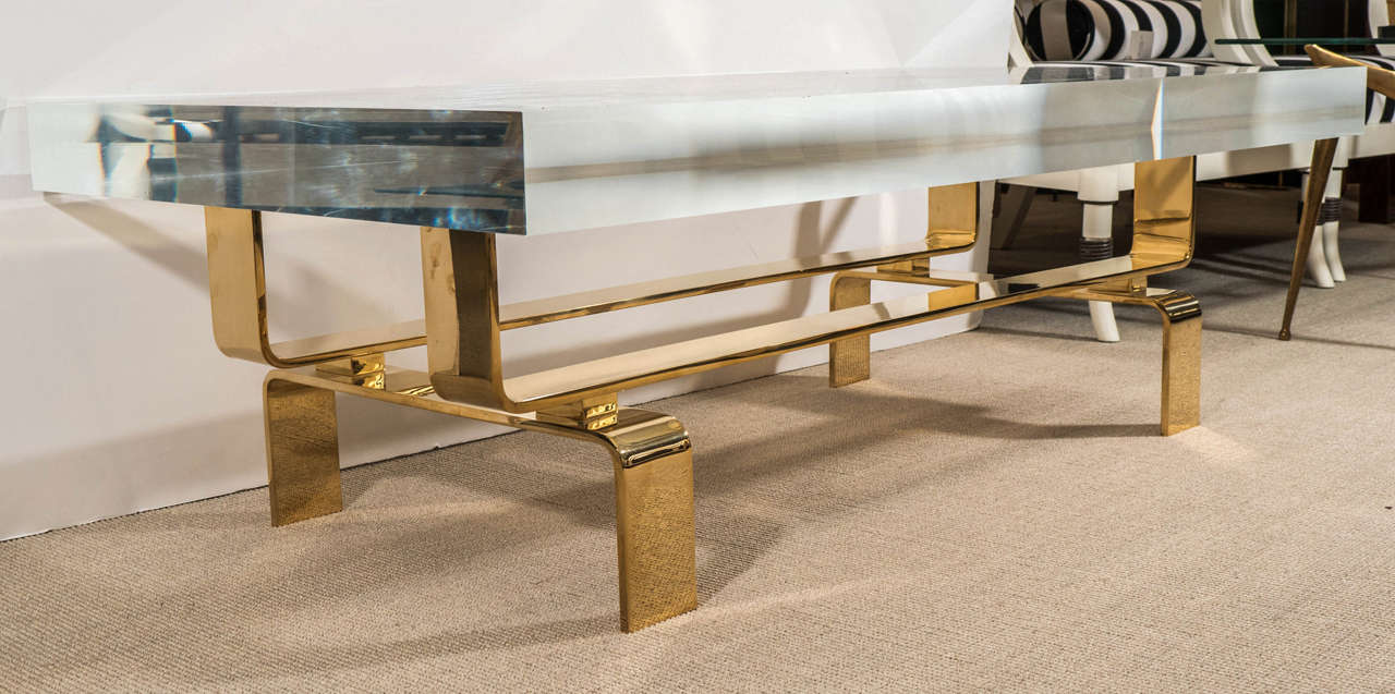 American Limited Edition Lucite and Polished Bronze Custom Designed Cocktail Table For Sale