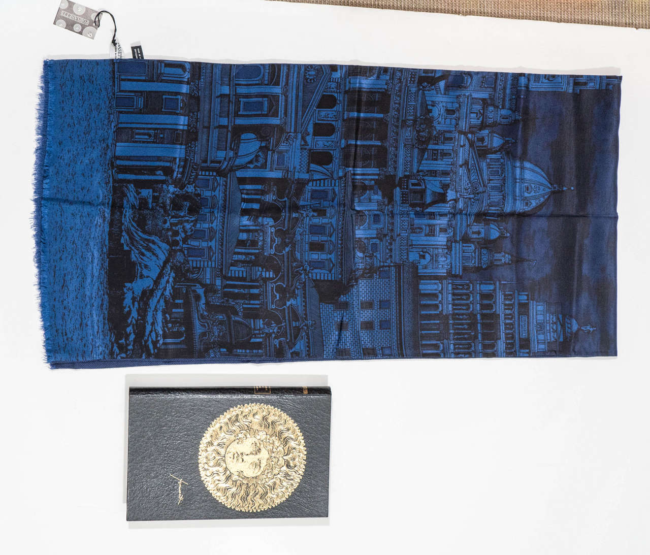 Piero Fornasetti Silk Scarf, Blue & Black Italianate Cityscape, Original Box, c. 2000