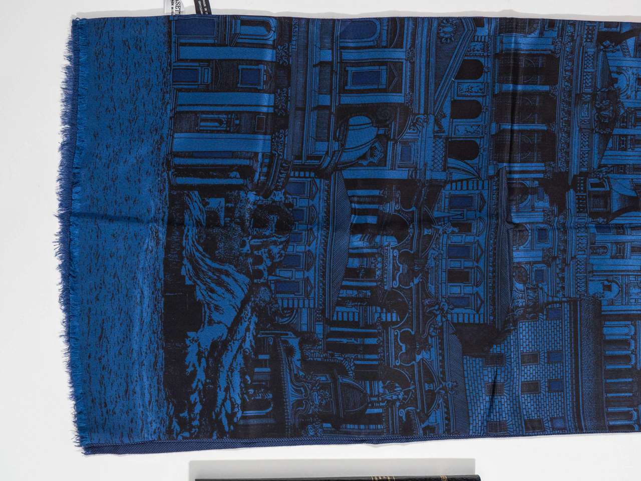 Mid-Century Modern Piero Fornasetti Scarf, Blue an Black Italianate Cityscape, Original Box, 2000