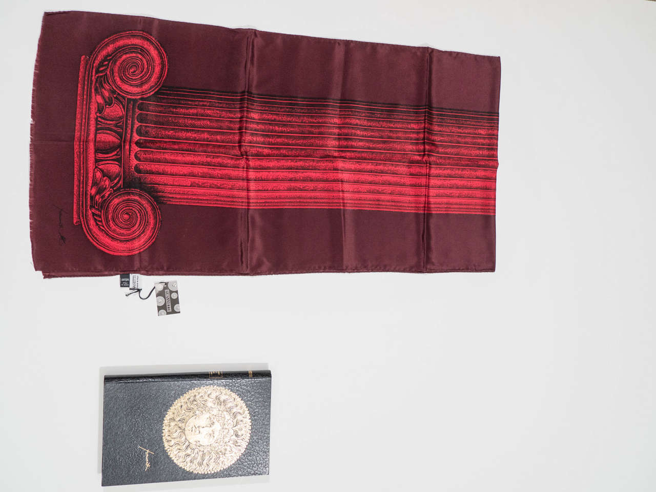 Piero Fornasetti Silk (with Wool Backing) Scarf with Column Motif in Red, Burgundy & Black, Italy c. 2000  With Original Box and Tags attached.