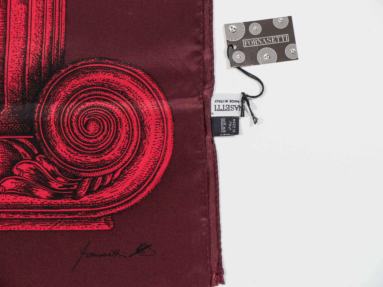 Silk Piero Fornasetti Scarf with Column Motif in Red, Burgundy and Black, Italy, 2000