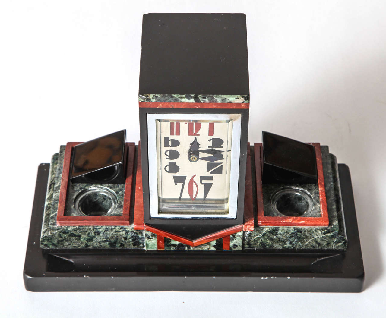 Carved French Art Deco Marble Desk Clock with Enamel Dial, 1925 For Sale