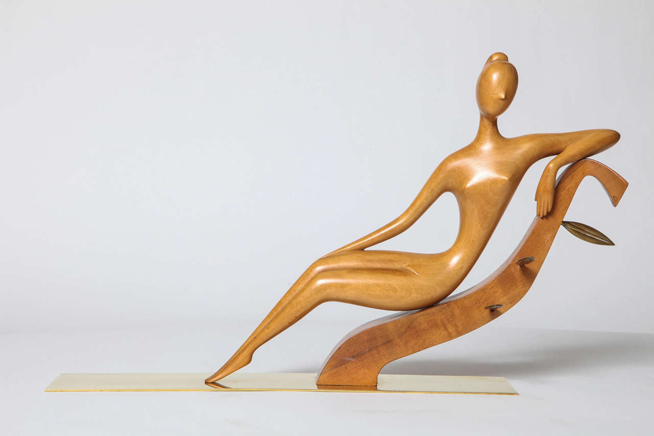 Mid-Century Modern Hagenauer Carved Wood and Brass Reclining Woman, 1950
