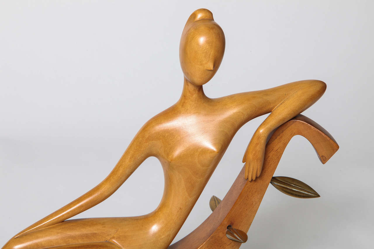 Austrian Hagenauer Carved Wood and Brass Reclining Woman, 1950