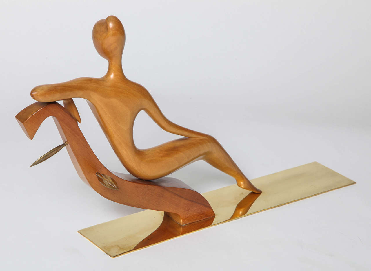 Mid-20th Century Hagenauer Carved Wood and Brass Reclining Woman, 1950