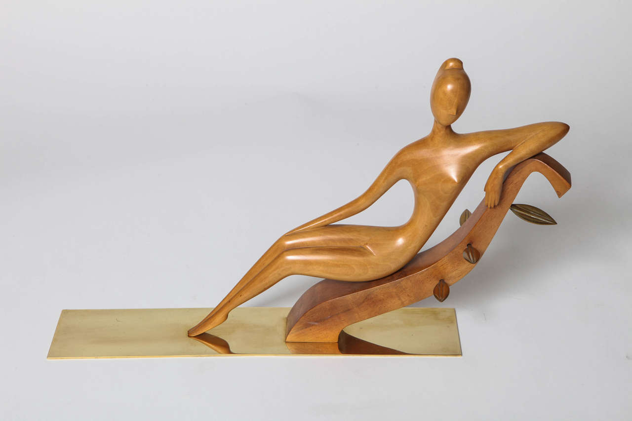 Hagenauer Carved Wood and Brass Reclining Woman, 1950 2
