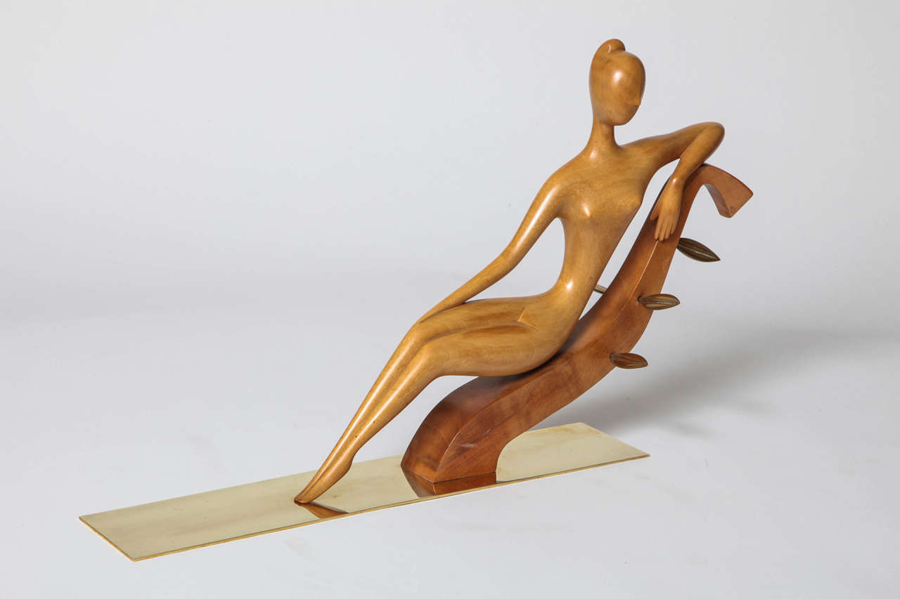 Hagenauer Carved Wood and Brass Reclining Woman, 1950 3