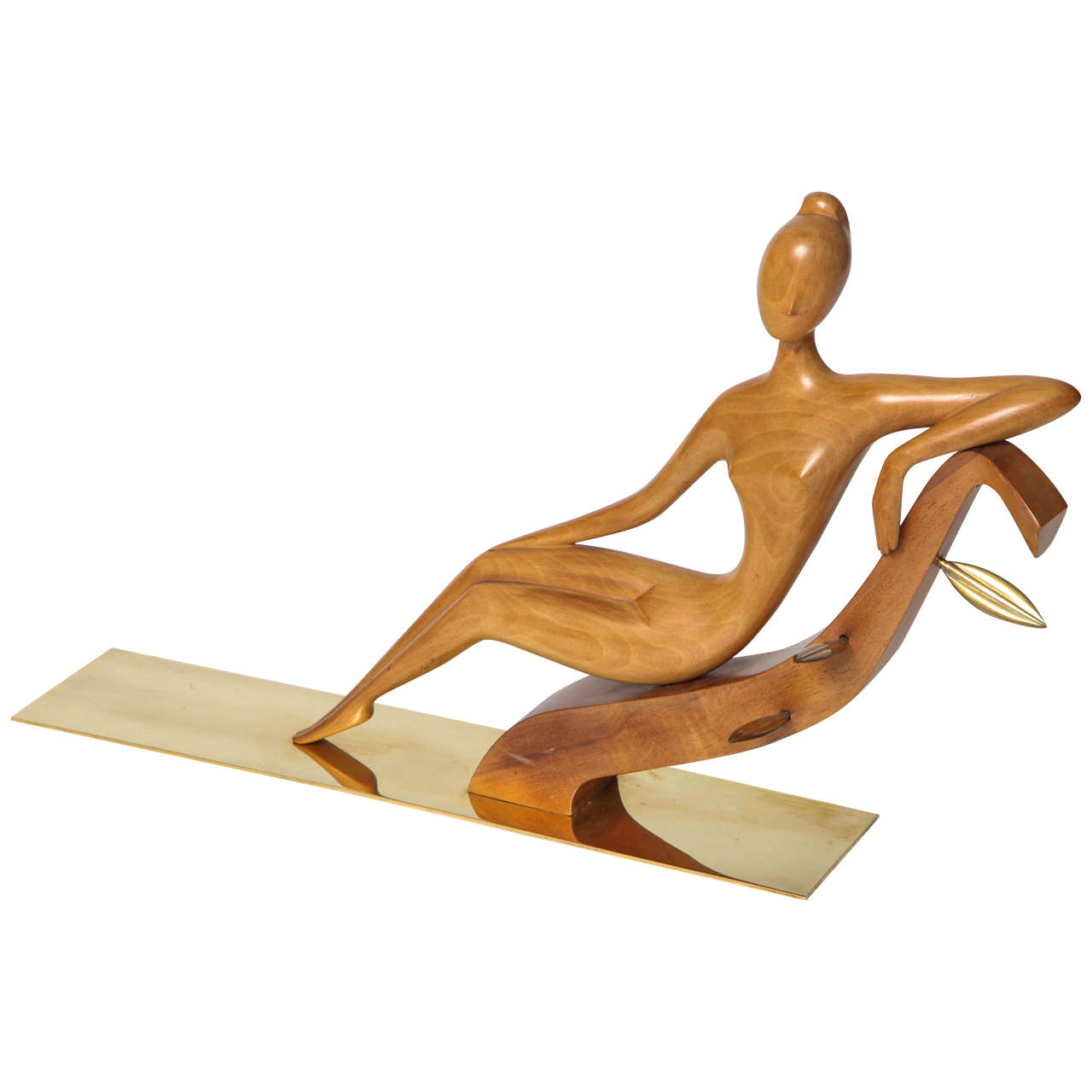 Hagenauer Carved Wood and Brass Reclining Woman, 1950