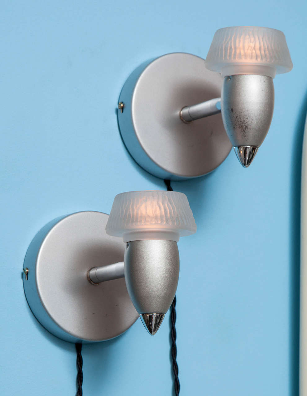 Italian Pair of Modernist Brushed Aluminum and Frosted Glass Sconces