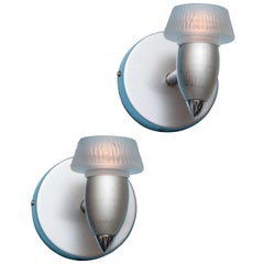 Pair of Modernist Brushed Aluminum and Frosted Glass Sconces